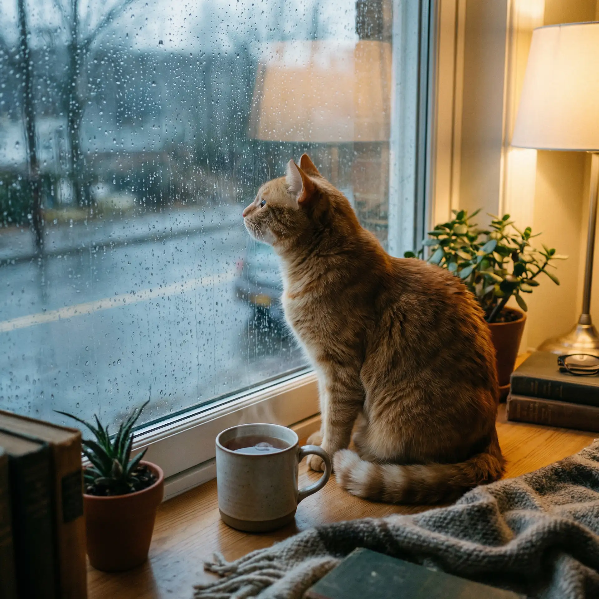猫咪望着窗外的雨 - 晚上真空在小区散步被发现